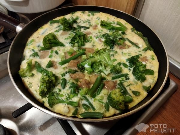 Рецепт: Куриное филе с брокколи и стручковой фасолью - на сковороде с яйцами и зеленью