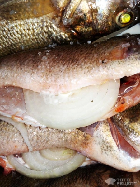 Рецепт: Окунь речной запеченый - "Ленивый" окунь с рукколой и луком, запеченный в пакете