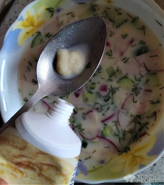 Рецепт: Окрошка на молочной сыворотке - С сывороткой, кефиром и соевым соусом