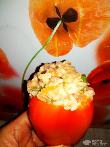 Рецепт: Перец болгарский фаршированный мясным фаршем с рисом и зеленью - Сочный и очень вкусный