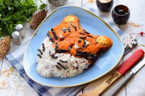 Салат "Селедка под шубой" в виде Тигра на Новый год Салат "Селедка под шубой" в виде Тигра на Новый год