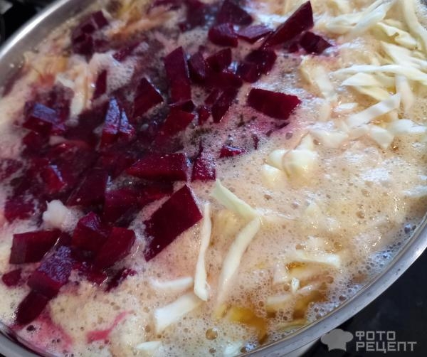 Рецепт: Борщ по-львовски - "Борщок из свёклы с ветчинкой и с сосисками". По Чехову.