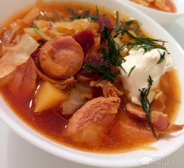 Рецепт: Борщ по-львовски - "Борщок из свёклы с ветчинкой и с сосисками". По Чехову.