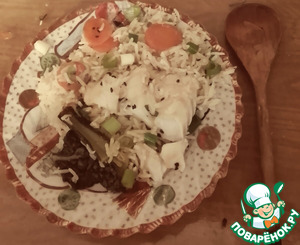 Треска с имбирной зеленью, морковью, рисом