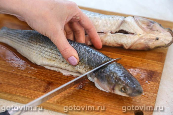 Кефаль в духовке, запеченная в рукаве с укропным маслом